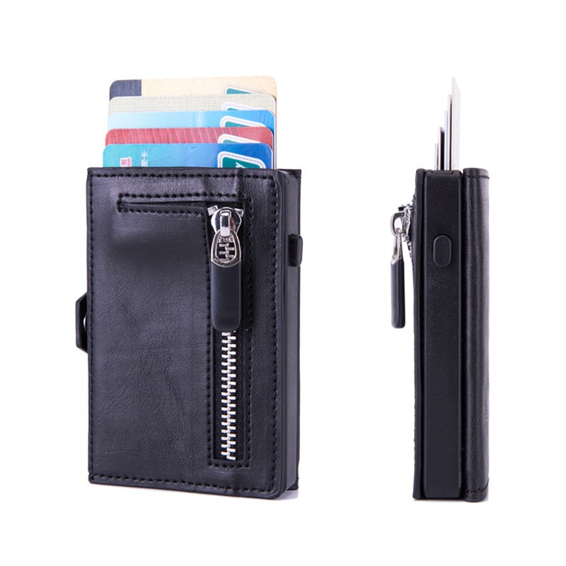 Cizicoco - Rfid Carbon Fiber Leather Card Holder for Men Anti-Metal Carbon Leather Card Holder Simple Steel Pocket Wallet