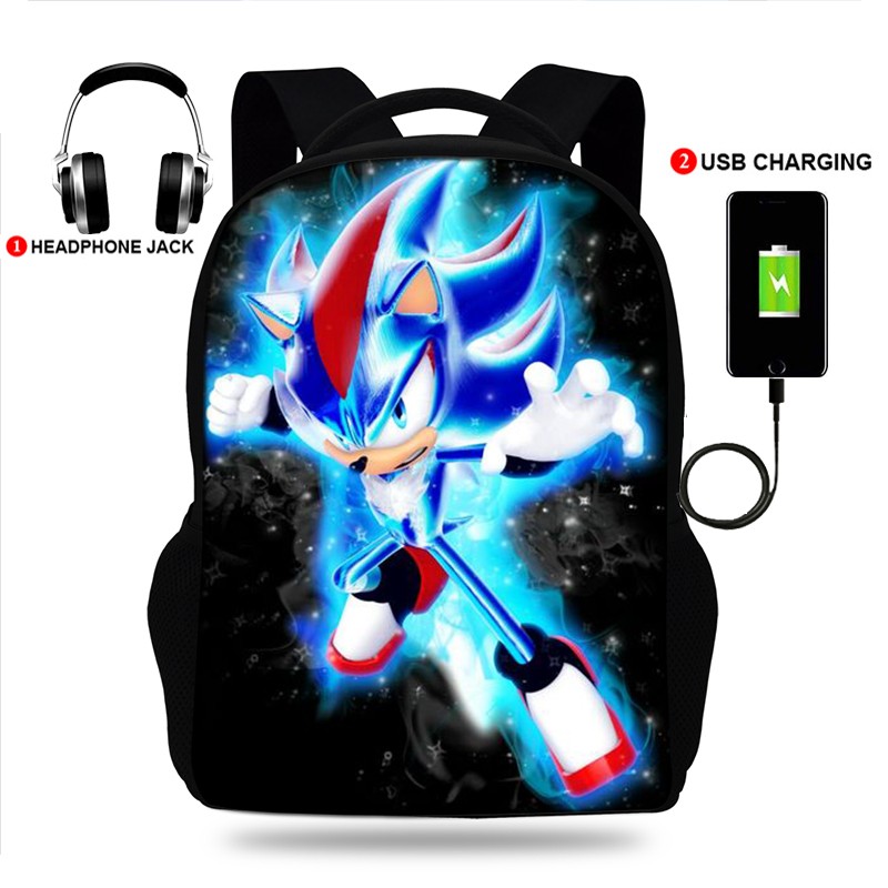 17 Inch Sonici The Hedgehog School Backpack Bag 3D Print Usb Free Bookbag Student Backpacks For Teenage Boys Girls