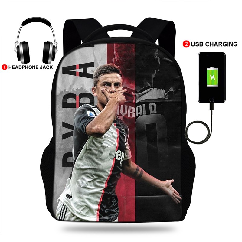 Oxford Paulo Dybala School Backpack, School Backpack with USB Cable and Shoulder Bag for Teenagers Girls Boys