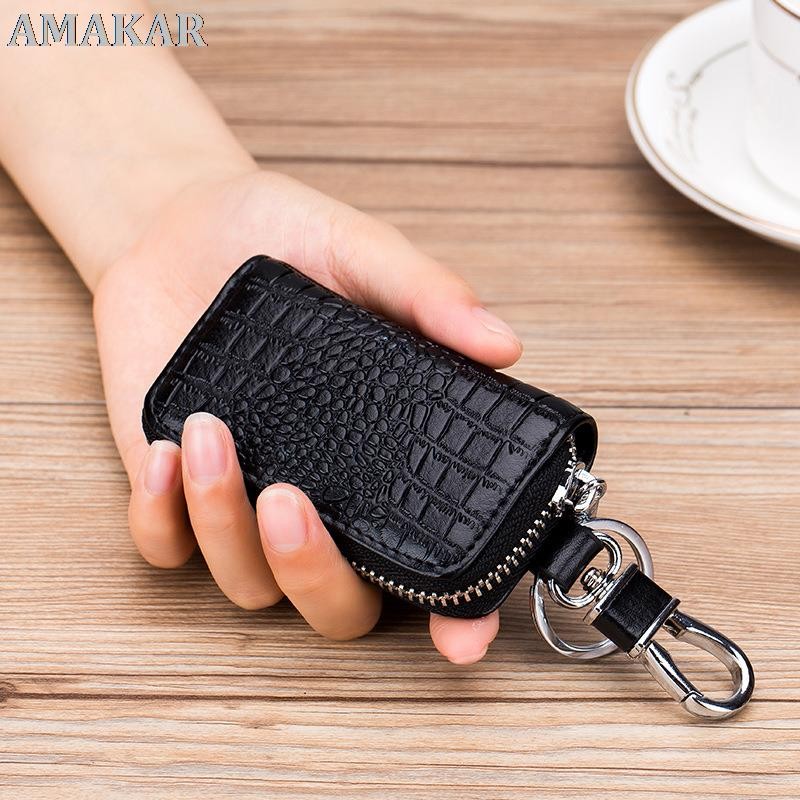 Fashion Genuine Leather Car Key Bag Unisex Crocodile Print Zipper Top Quality Cow Split Key Organizer Purse