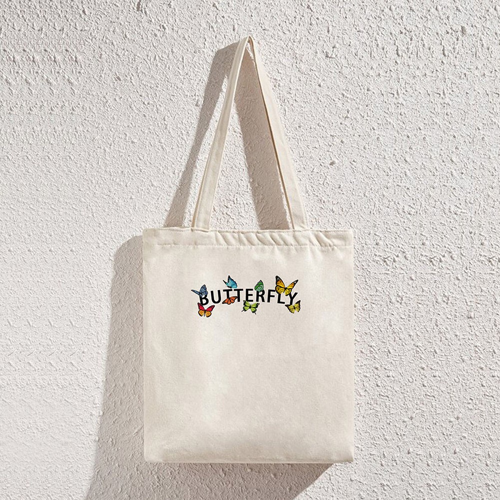 Butterfly Letters Printed Shopping Bags Women Canvas Cotton Cloth Shoulder Bags Women Eco Reusable Grocery Shopper Handbag