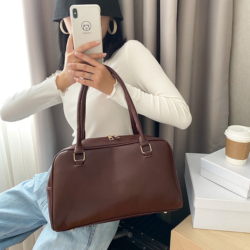 Retro Fashion PU Leather Women Shoulder Underarm Bags Casual Solid Color Large Capacity Top Handle Handbags Female Shoulder Bags