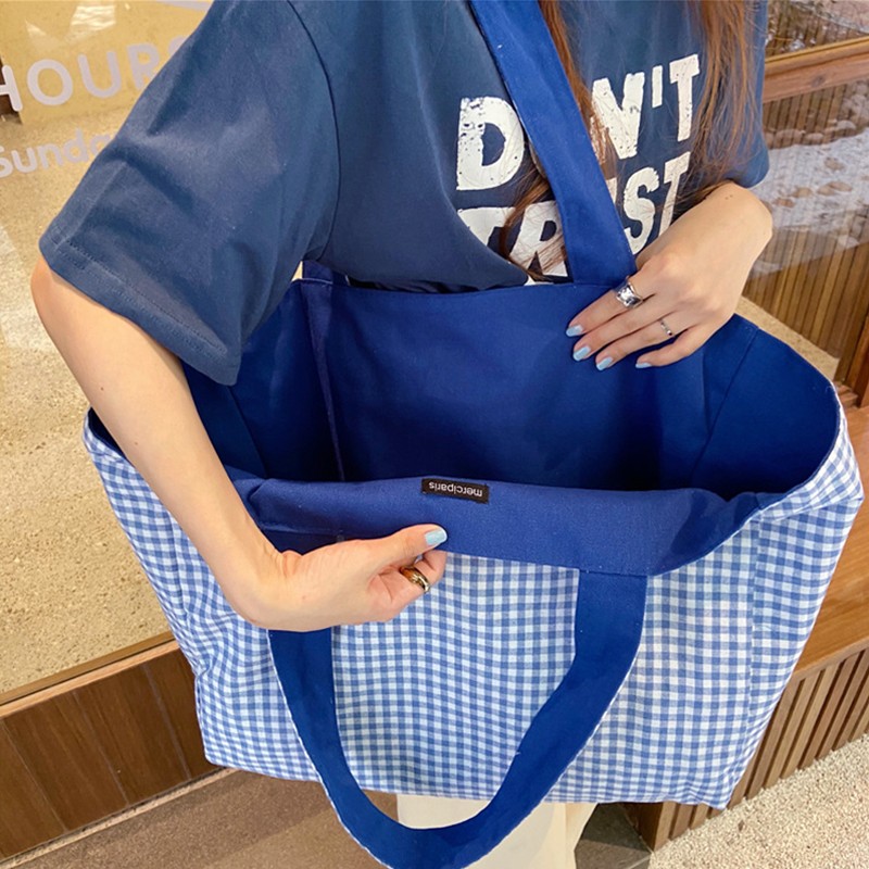 Women Shoulder Bag 2021 Canvas Tote Bags Girl Fashion Casual Solid Color Plaid Shopper Bags Large Capacity Double Sided Handbags