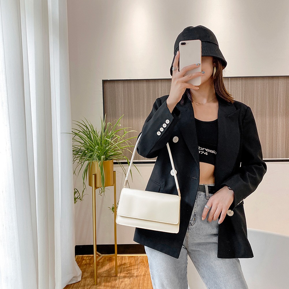 Fashion Women Handbag Solid Color Portable Shoulder Bags PU Leather Flap Simple Underarm Shoulder Bags For Female Purse