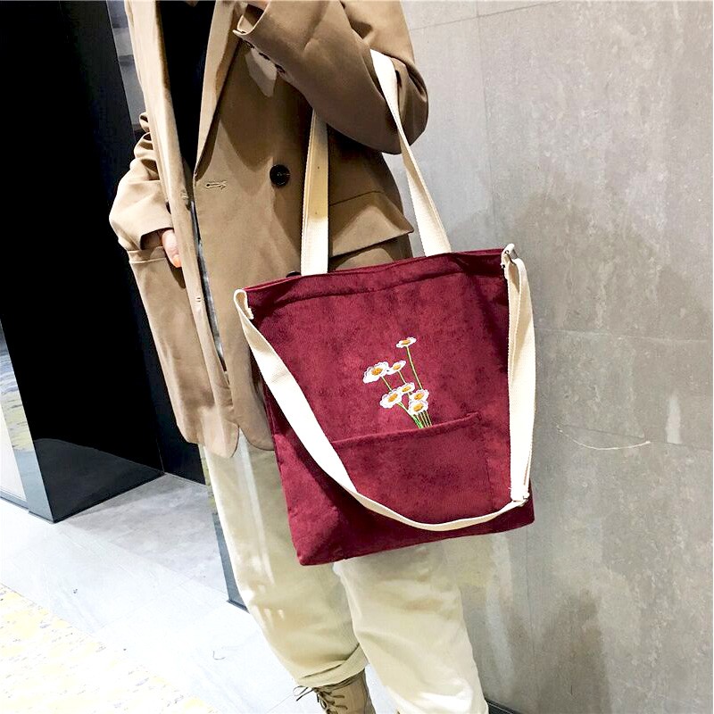 Women Shoulder Bag 2021 Cute Corduroy Tote Bag With Zipper Fashion Girl Shopper Bags Embroidery Mini Bags Daisies Crossbody