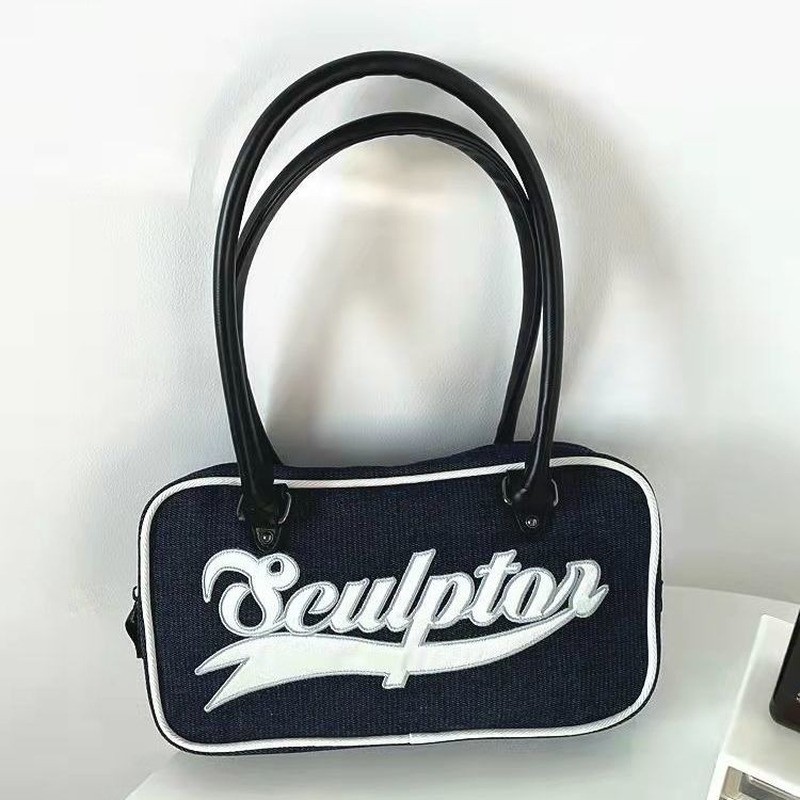 Xiuya Retro Women Casual Shoulder Bag All-match Travel Fitness Baseball Sports Denim Canvas Bag Embroidered Letter Handbag