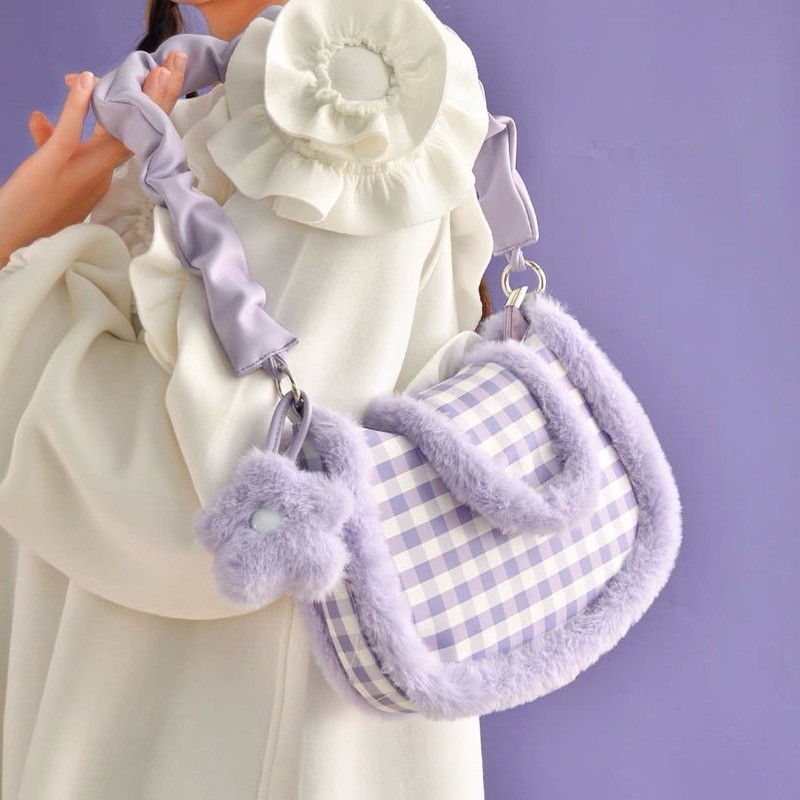 Xiuya Harajuku Kawaii Lolita Shoulder Bag Women 2022 Japanese Cute Purple Plaid Fur Messenger Bag Plush Female Handbags Bag