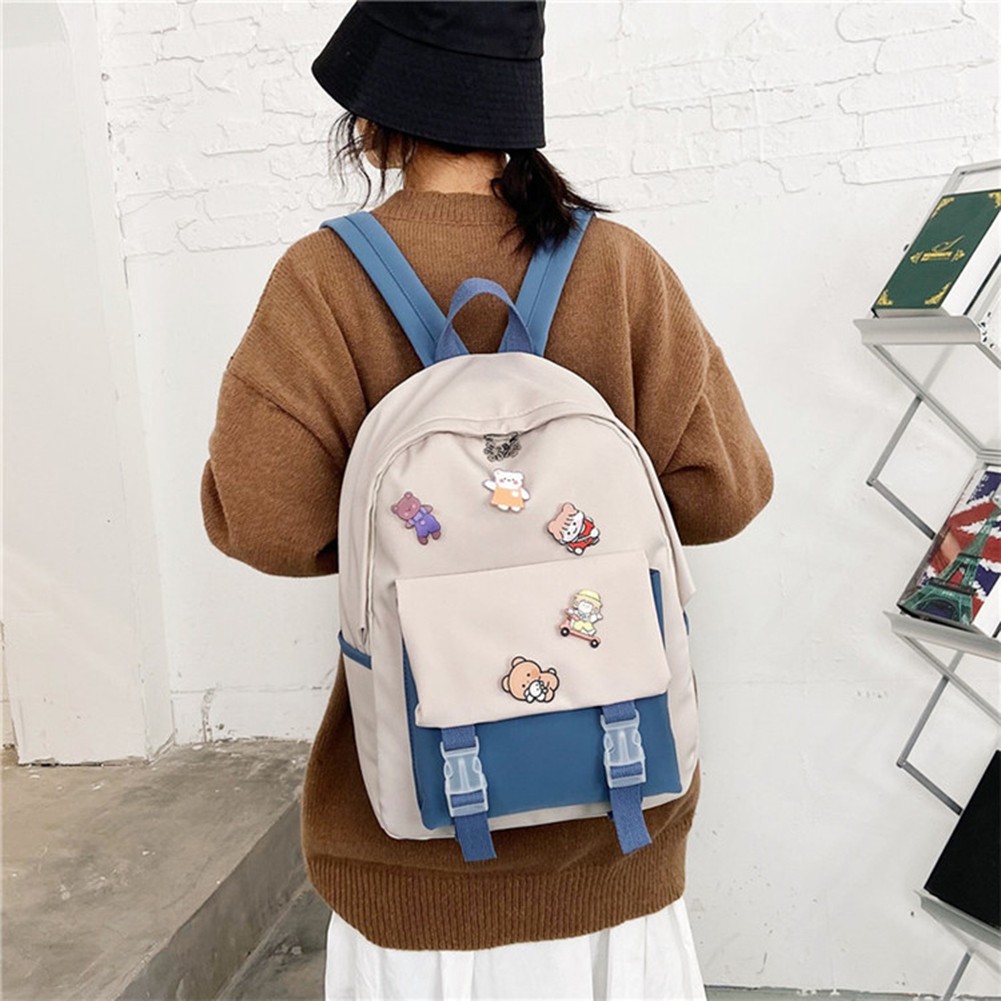 Girls Preppy Style Backpack Contrast Color Student School Pockets Backpack Women Travel Large Capacity Backpack