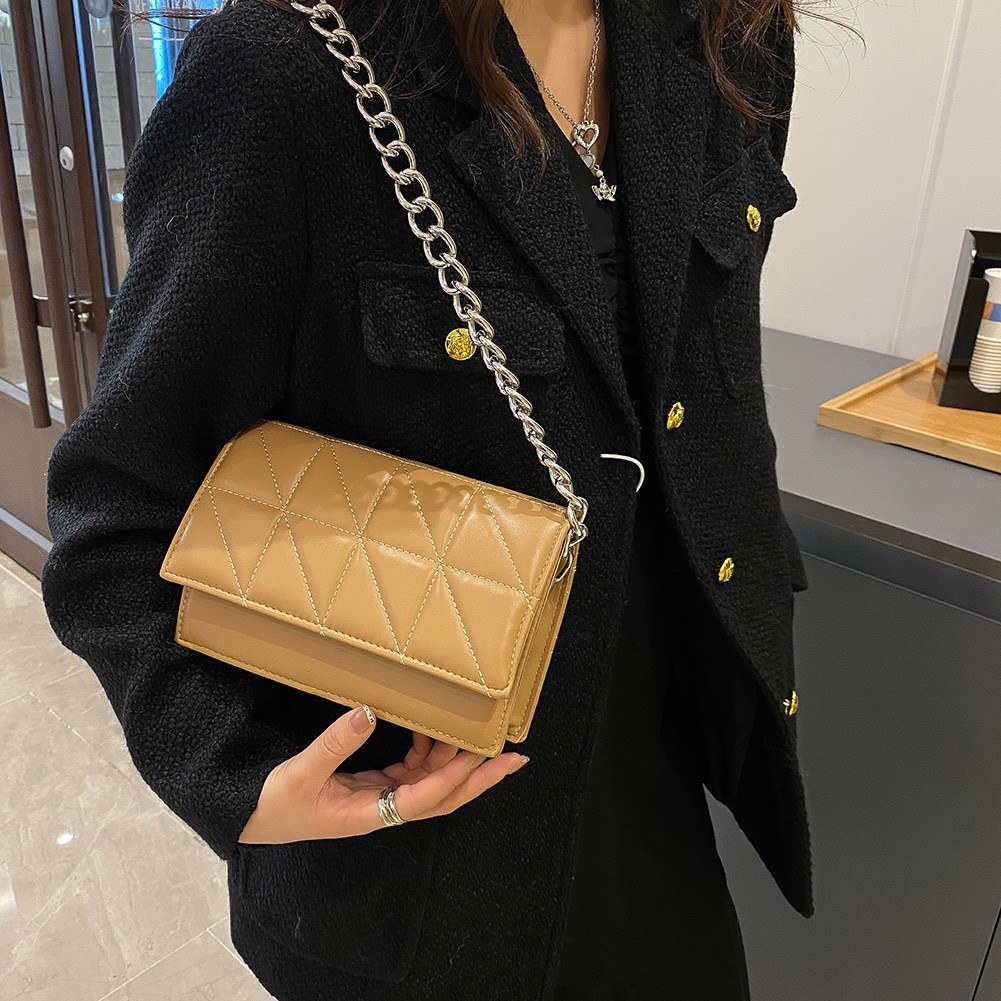 Bags for Women PU Leather Lattice Crossbody Bag Lady Solid Color Chain All-match Casual Handbag Thread Small Designer Clutch