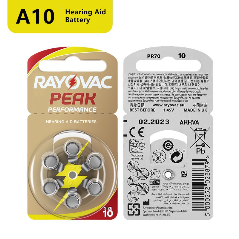 60 قطعة Rayovac الذروة السمع بطاريات 10 A10 ZA10 10A P10 PR70 عالية الأداء الزنك بطارية هوائية ل صغيرة الرقمية السمع