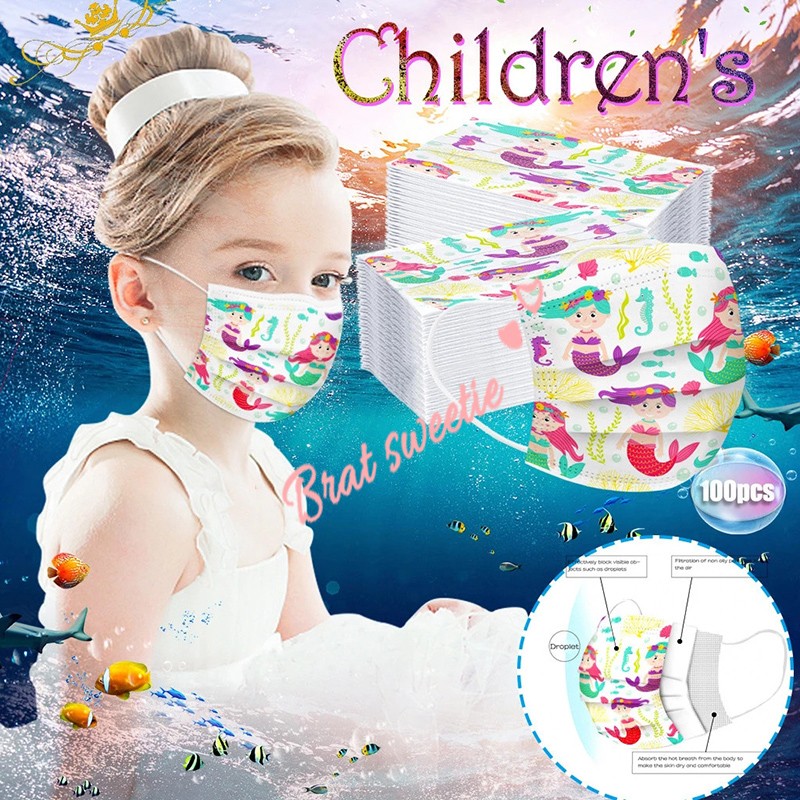 3 Ply Mermaid Children Disposable Face Mask With Filter Industrial Undersea Print Face Mask For Kids Mascarillas