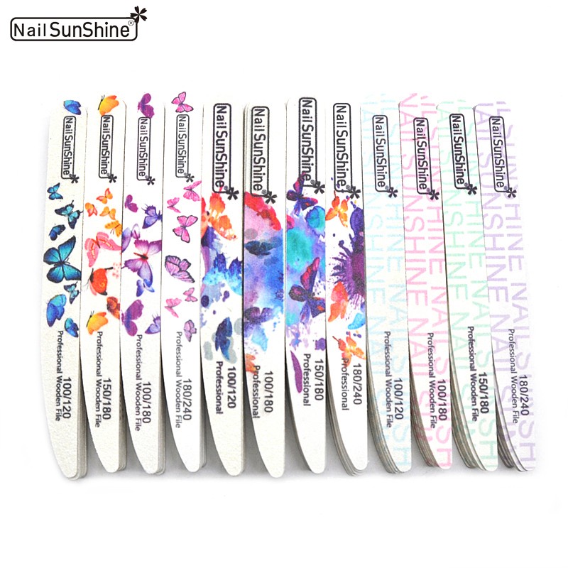 10pcs/lot Wooden Nail Files 100/120/150/180/240 Butterfly Printed Strong Emery White Wood Files Buffer UV Gel Polisher Tools