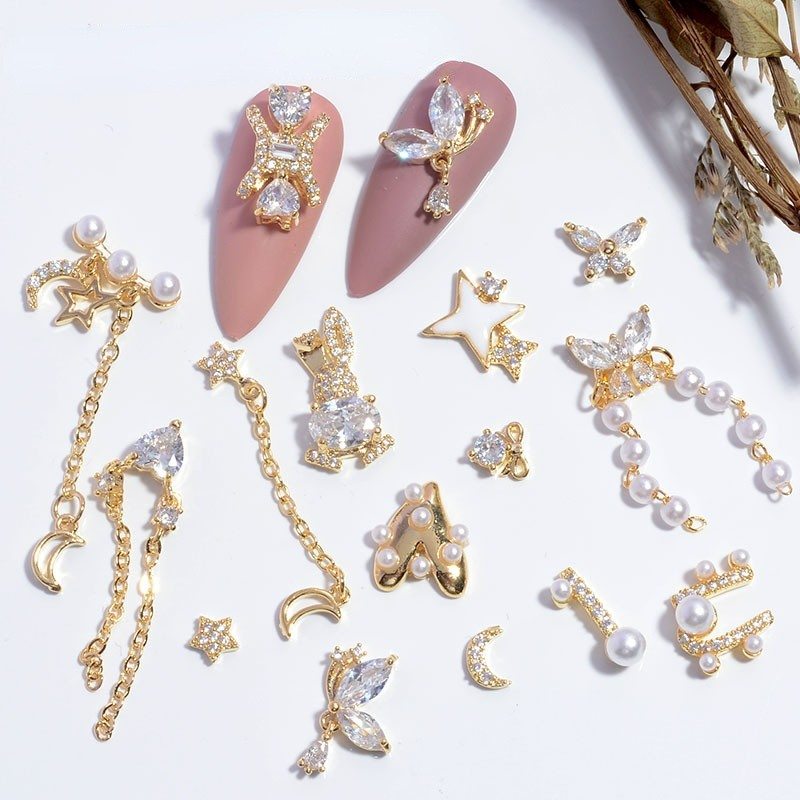 Net Red New Nail Art Jewelry Zircon Star Moon Love Pearl Rabbit Butterfly Chain Nail Decoration Nail Accessories