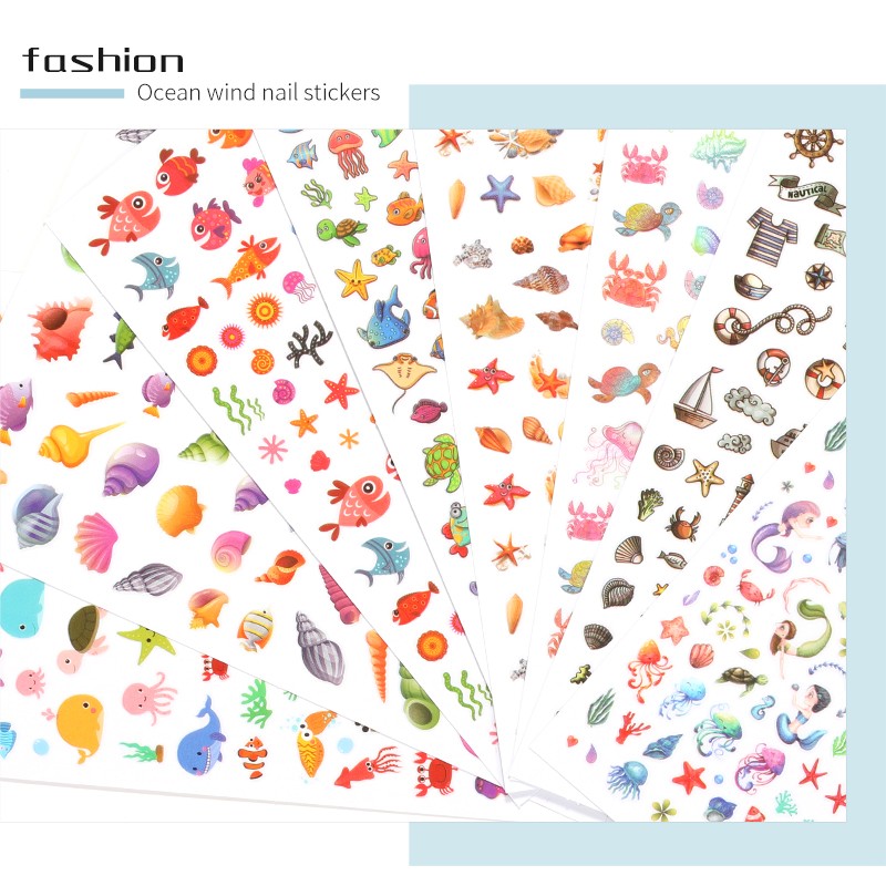 LEAMX Ocean Cute Glitter Laser Nail Art Marine Animal Shell Turtle Fish Starfish Nail Sticker Slider 9D Nail Sticker Decoration