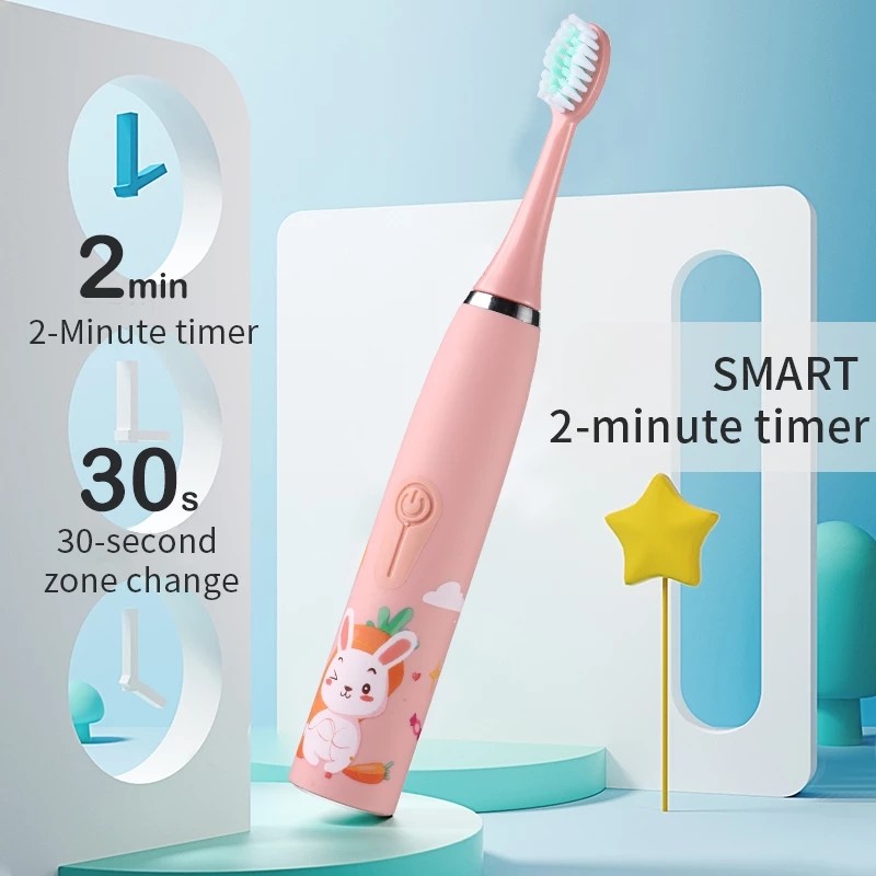 Children's Electric Toothbrush Cartoon Pattern for Kids with Replacement Teeth USB Charger Ultrasound Replaceable Head