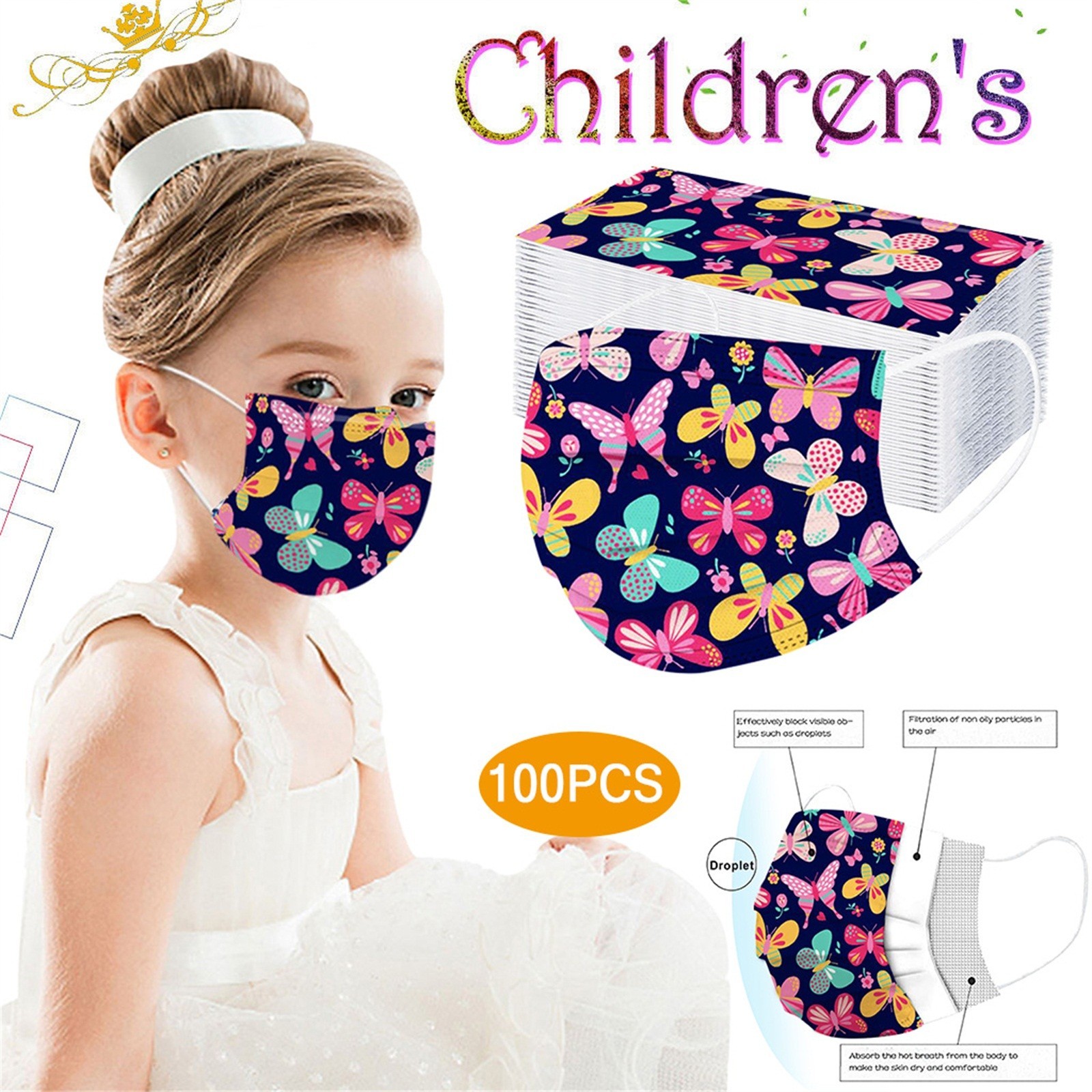 10/20/50/100pcs Children Disposable Face Mask Kids Butterfly Print Disposable Mask Baby Girls Facemask 3ply Ear Loop