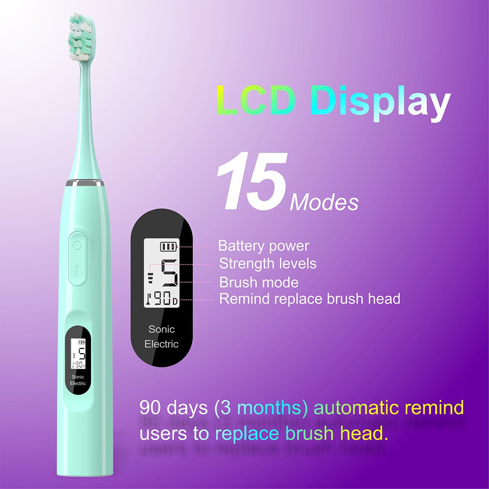 Sfeel 15 Modes LCD Screen Sonic Electric Toothbrush Smart Adult Timer USB Type C Rechargeable IPX7 Waterproof Whitening