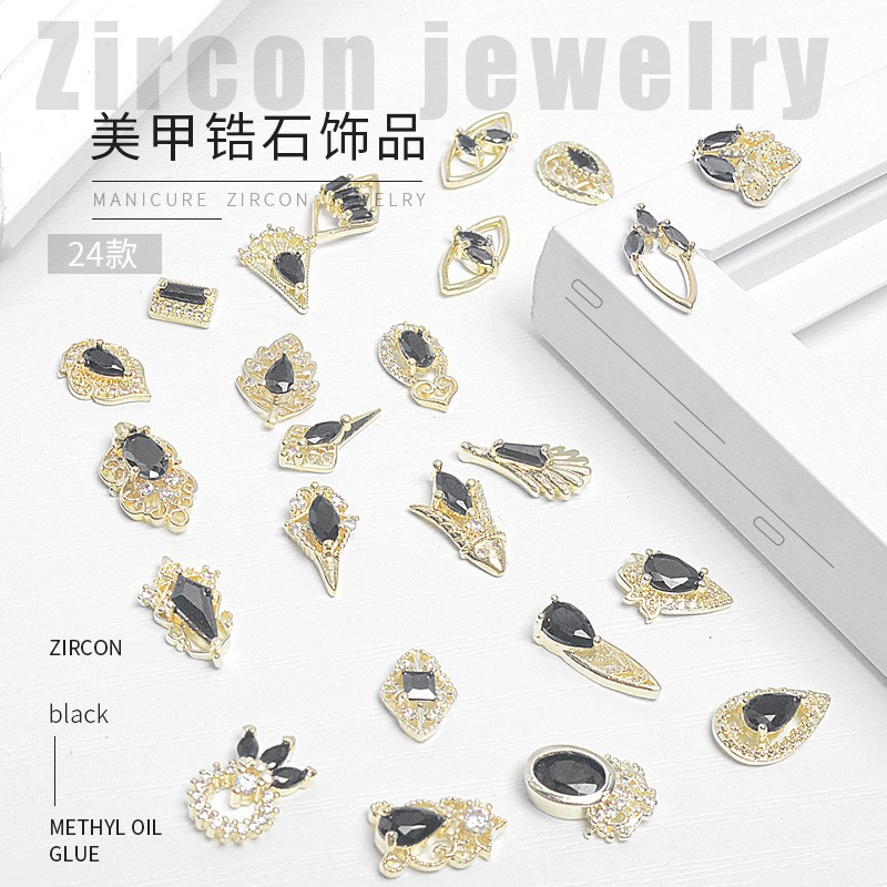 Japanese Nail Art Zircon Jewelry Net Red High-end Luxury Black Real Gold Zircon Simple and Versatile Nail Decoration