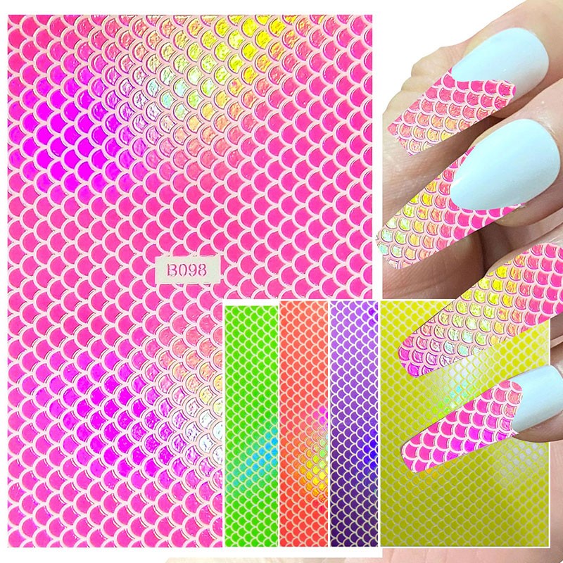 1 Sheet Nail Art Holographic Fish Scales Shaped Sticker Self Adhesive 12 Colors Nail Foil Decals Manicure Adhesive Laser Decals