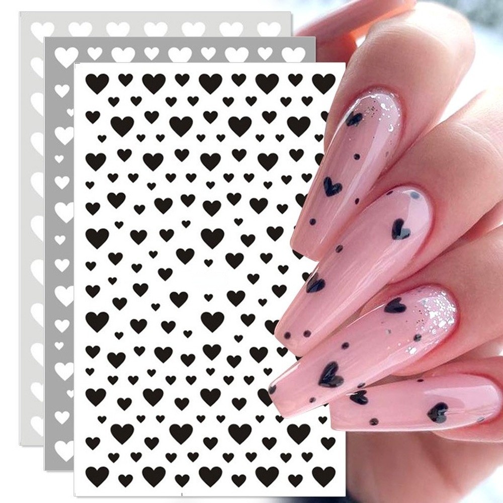 3pcs 3D Nail Stickers Nail Design Black Heart Self-adhesive Slider Letter Nail Art Decorations Stars Decals Manicure Accessories