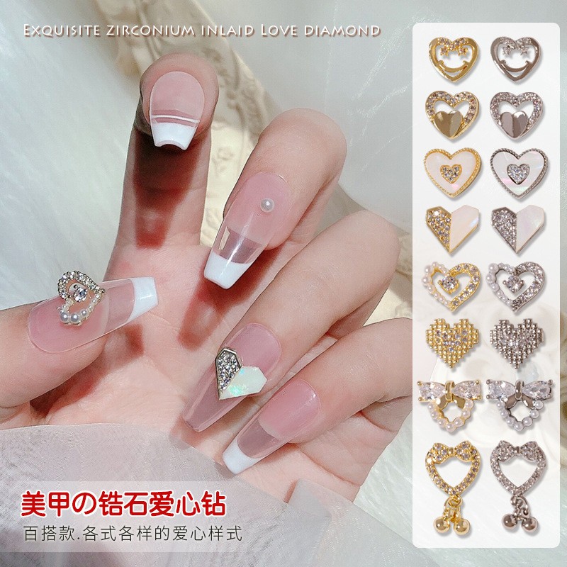 3pcs nail art love zircon color preserved super flash three-dimensional diamond smiley nail accessories love necklace