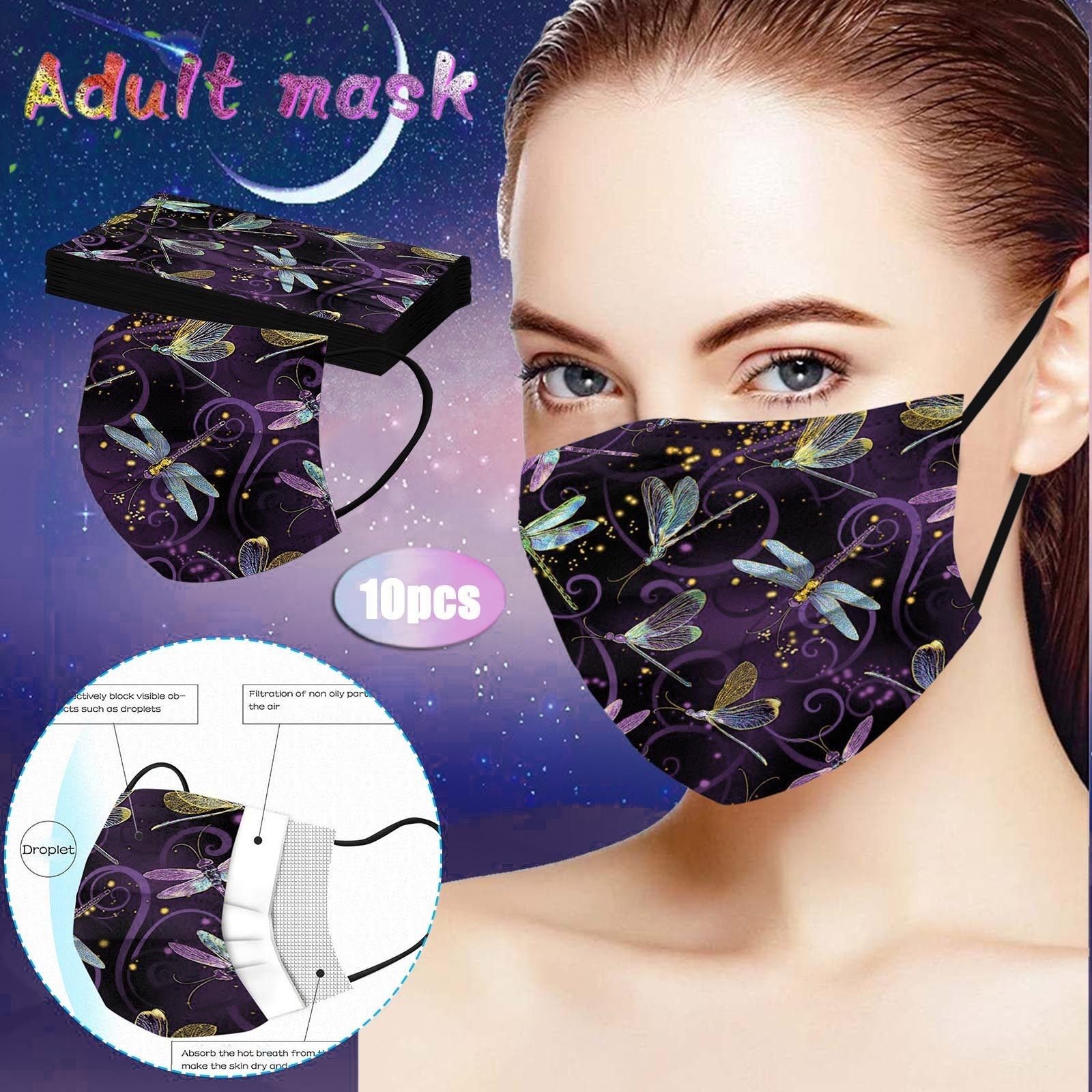 10/50pcs Adult Disposable Face Mask Butterfly Print Women Man Face Mouth Mask Industrial 3Ply Ear Loop Black Facemask Mascarilla