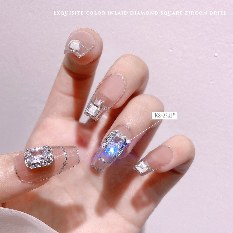 3pcs nail art net red square zircon light luxury big diamond color flat diamond silver exquisite nail decoration flash diamond