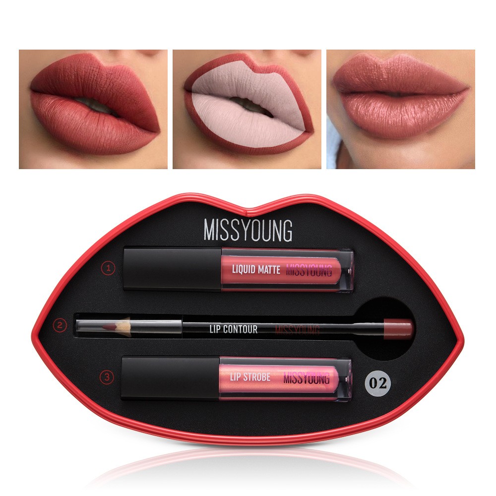 3 in 1 lip liner pen with 2 lip gloss lip tint maquiagem waterproof makeup matte liquid lipstick cosmetics matte makeup set