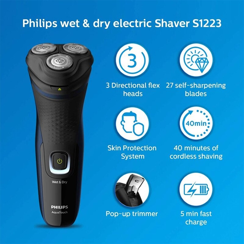 Philips S1223 Men's Electric Shaver Wet & Dry Cordless Shaver 3D Pop Up Precise Water Resistant Washable Removable 40 Min Battery Life With 8 Hours Charging Powered By