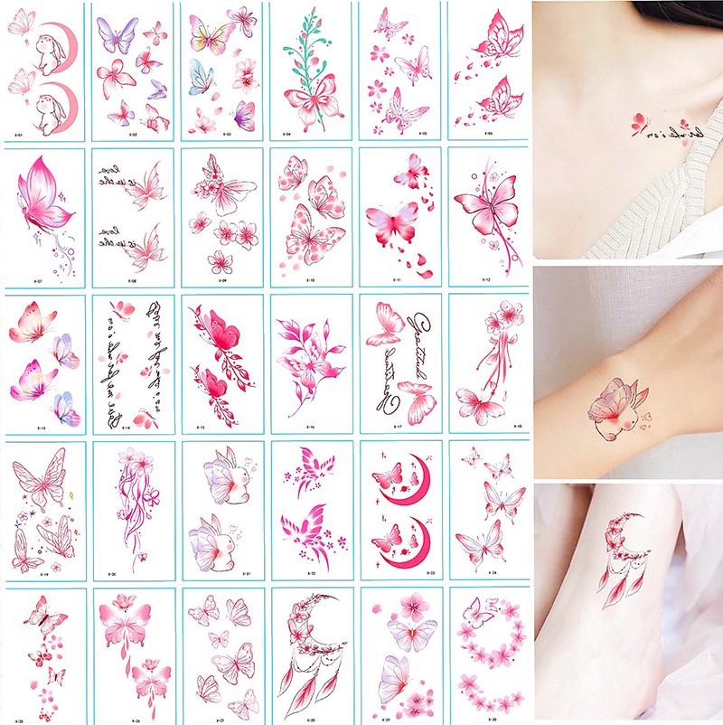 Women Temporary Tattoo Sticker Pink Butterfly Flower Feather Lotus 3D Fake Tattoo Body Hands Arm Leg Temporary Tattoos Femme