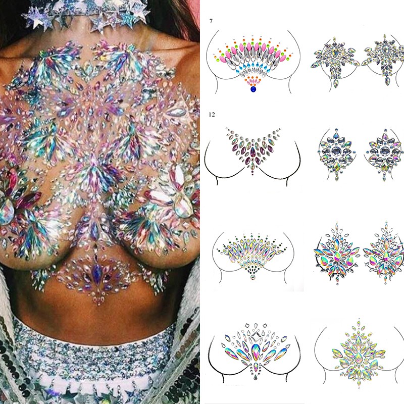 Sexy Chest 3D Crystal Resin Drill Tattoo Sticker Bar Music Festival Rhinestone Tattoo Stickers Carnival Party Chest Decoration