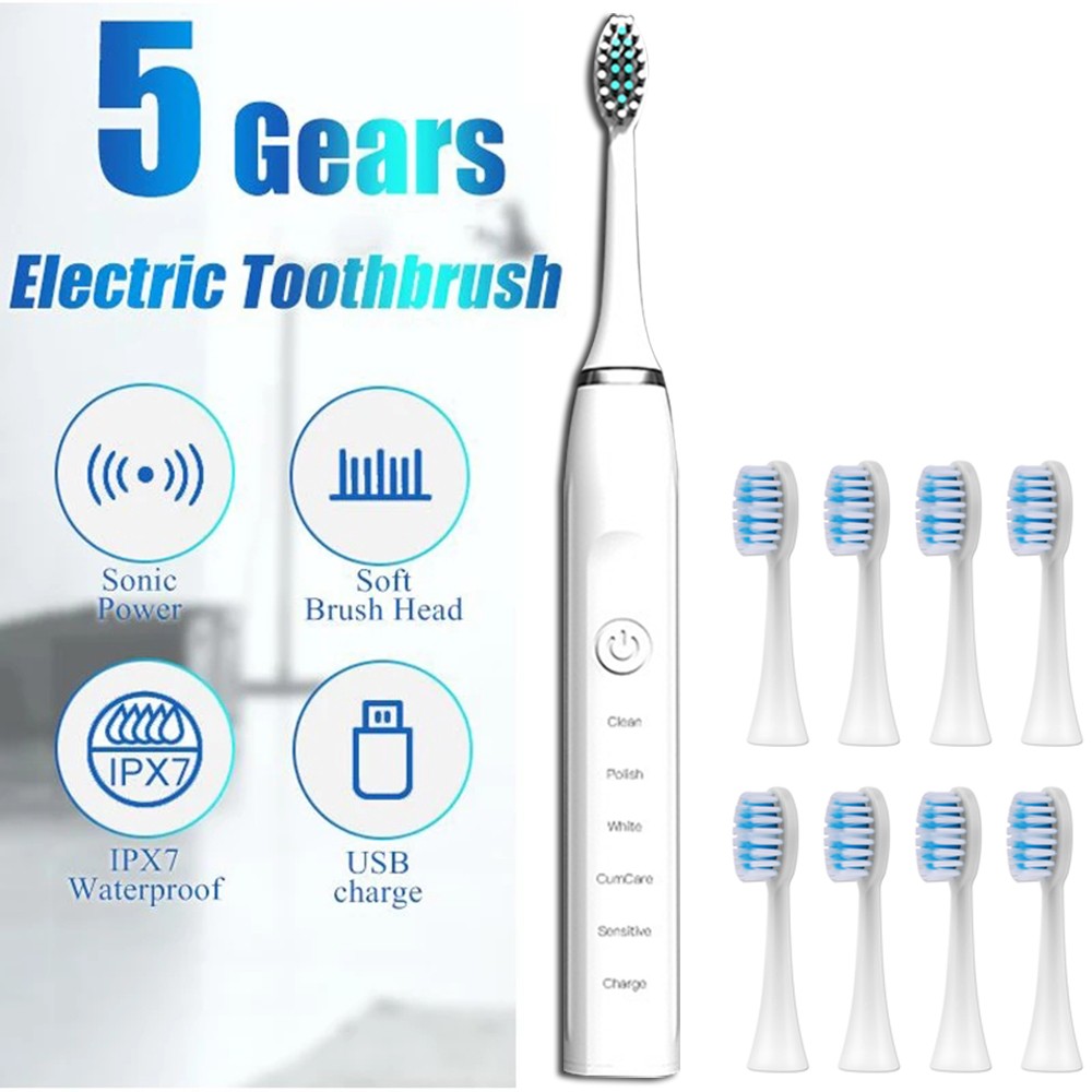 5 Mode Electric Toothbrush For Women Men Child With 6 Replacement Toothbrush Head USB Rechargeable Waterproof Sonic Toothbrush