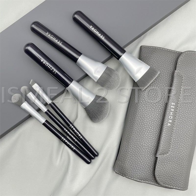 Sephora 6Pcs Set Makeup Brushes With Bag, Charcoal Infused Concealer Loose Powder Precision Sweep Foundation Eyeliner Brush Kit