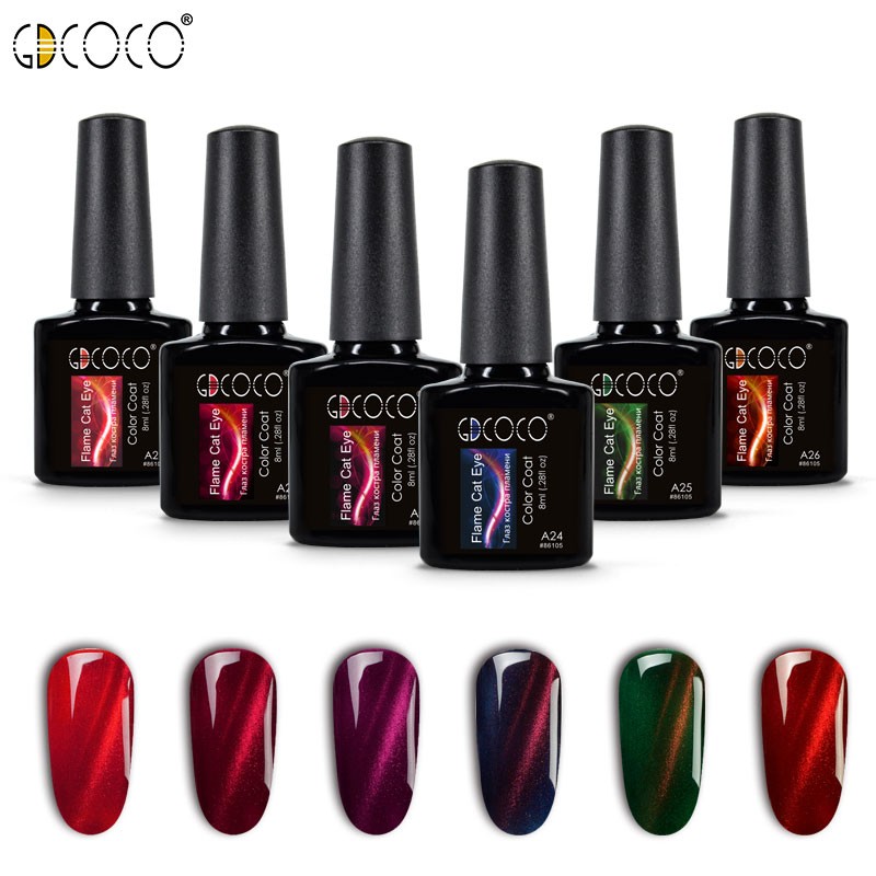 GDCOCO - LED UV Gel Nail Polish, 3D Cat Eye Design, Red Flame Effect, Glitter Nail Polish With Magnet, DIY