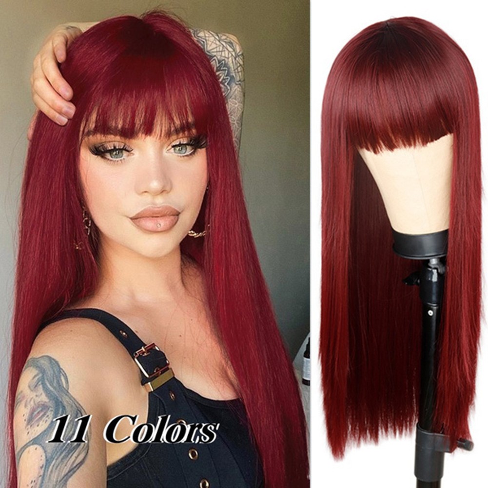 European American Long Straight Wig With Bangs Synthetic Bangs Hair Wigs With Wig For Women Heat Resistant Wigs Multicolor