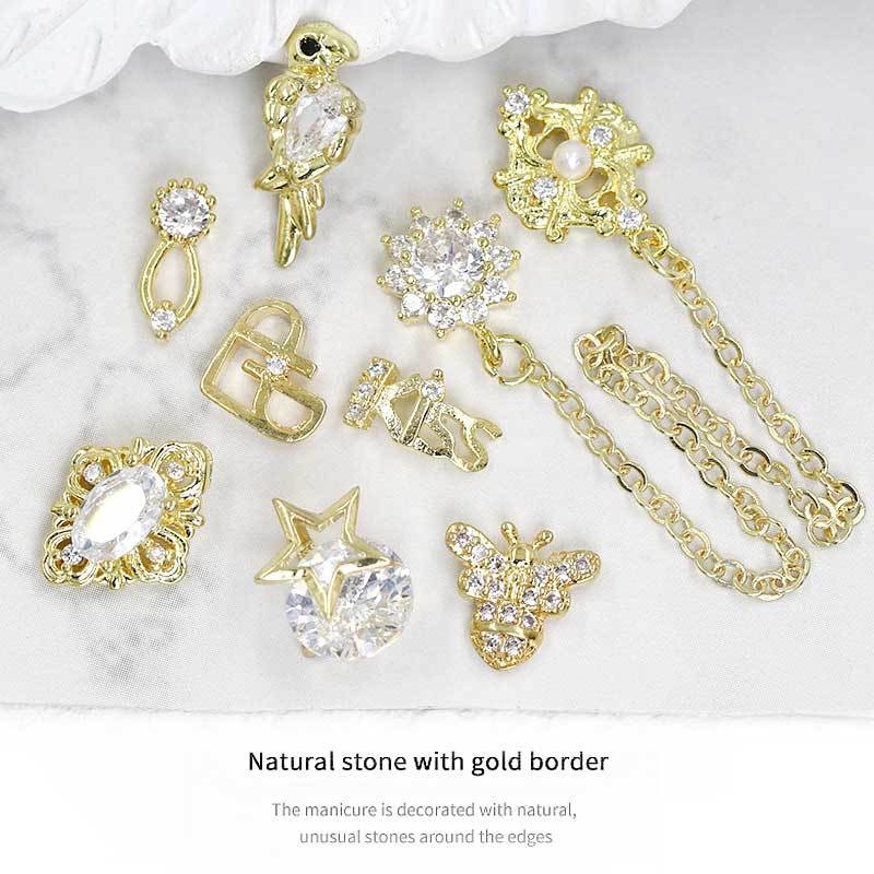 3pcs popular manicure jewelry 3d super flash heart shaped micro inlaid zircon shell starfish chain rivets