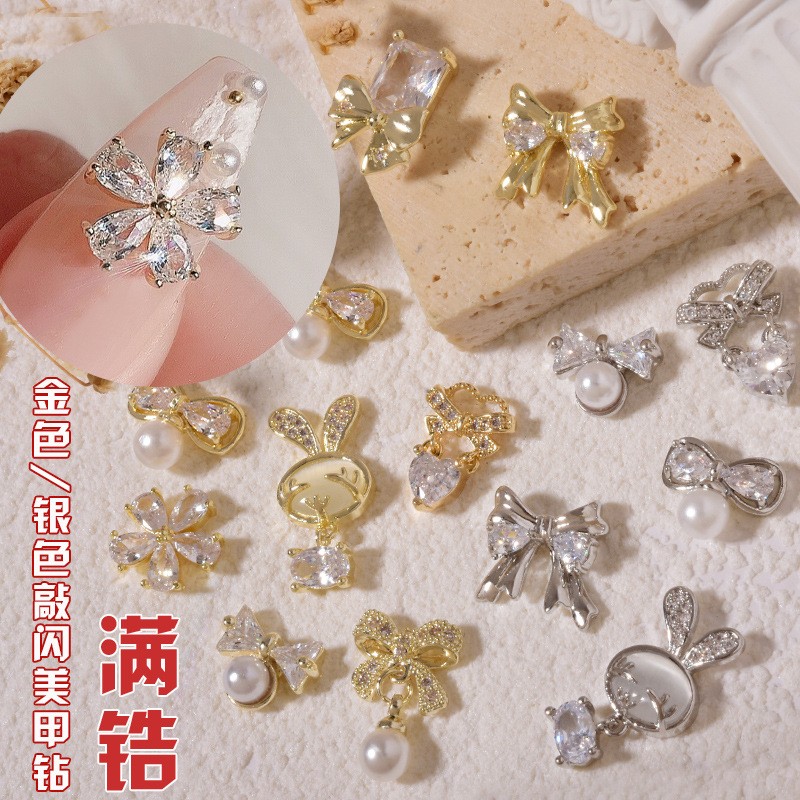 3pcs nail art zircon micro inlaid luxury diamond buttons big bow rabbit pendant nail diamond decorative