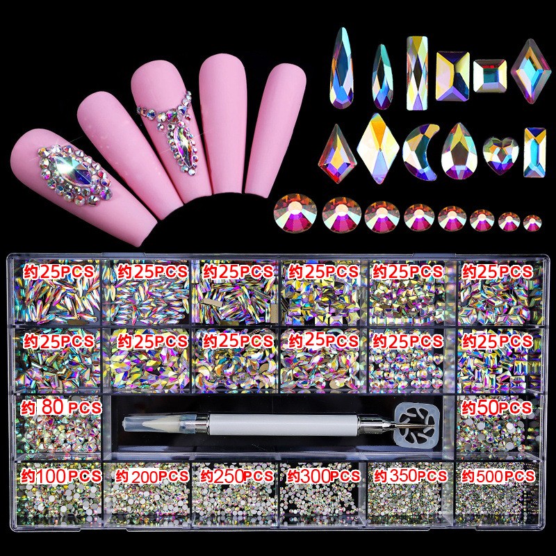 Luxury Box Shiny Diamond Nail Art Rhinestone Crystal Glass Set Decorations Set 1pcs Pick up Pen in Grids Box 21 Shapes of 2500pcs