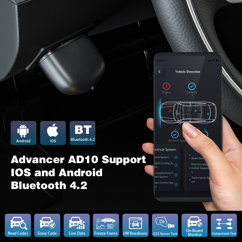 XTOOL Arrived AD10 OBD2 Diagnostic Scanner Code Reader for IOS and Android Support HUD Head Up Display and Driving Record Better ELM327