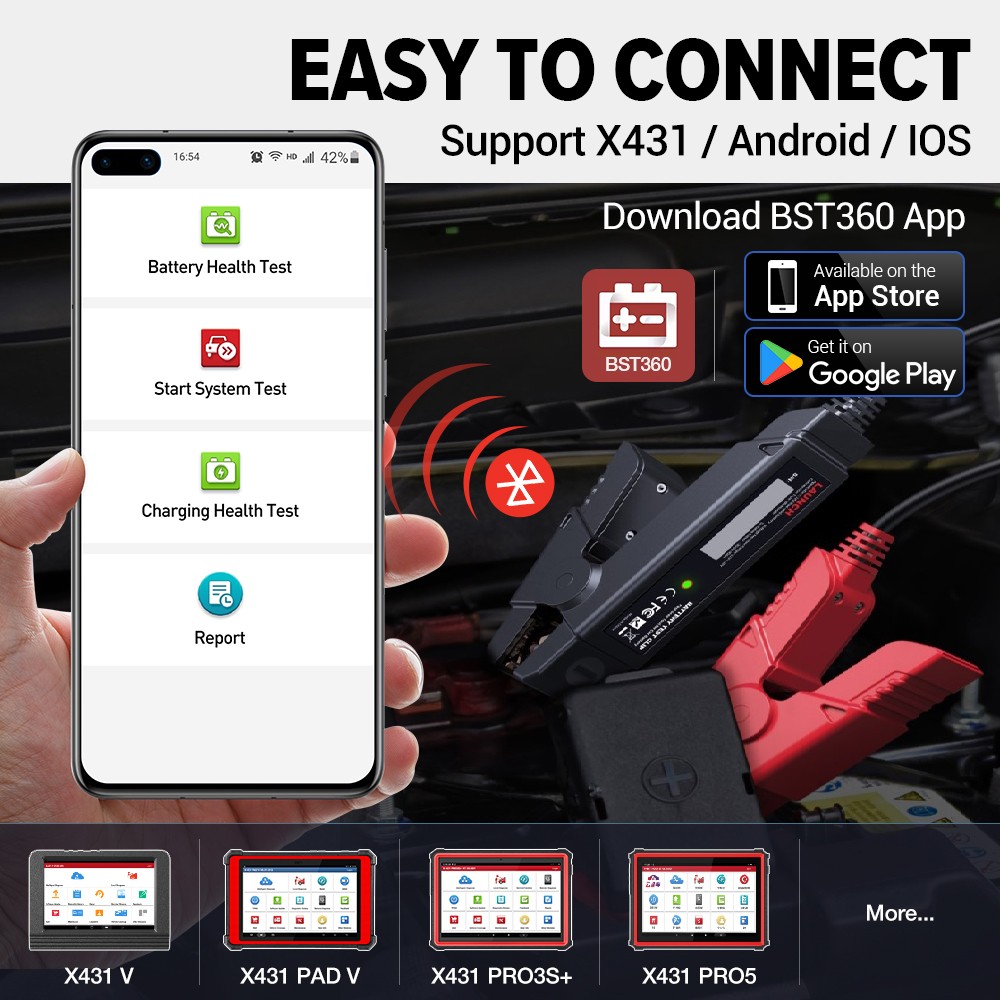 LAUNCH BST360 Bluetooth Battery Tester 12V Car Motorcycle Battery Analyzer Load Cranking Charging Tester For X431 Android IOS