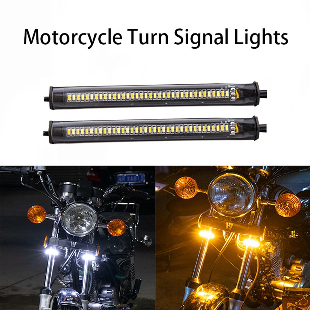 2pcs Universal LED Motorcycle Turn Signal Light & DRL Amber White Yellow Moto Flasher Ring Fork Strip Light Tungsten Flashing Blinker 12V