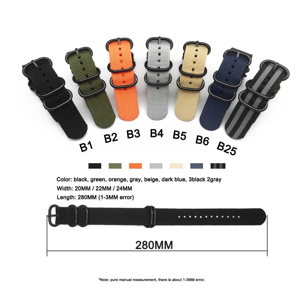 Heavy Duty Nylon Watch Straps 20mm 22mm 24mm NATO Strap Watch Strap Buckle 280mm NATO Watch Strap