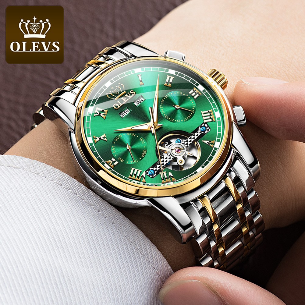 OLEVS Automatic Mechanical Men Watches Stainless Steel Waterproof Date Week Green Fascio Classic Wristwatches Reloj Hombre