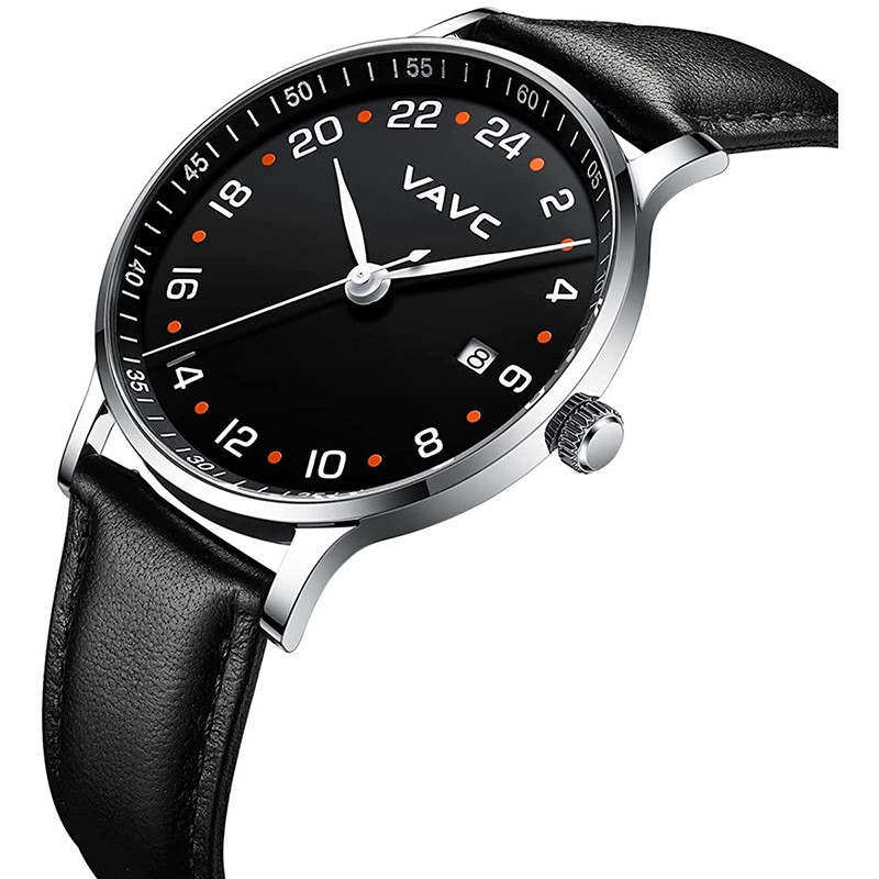 2022 VAVC New 24 Hours Quartz Wrist Watch Unisex Swiss Quartz Movement 5 Bar Water Resistant Watch With Black Leather Strap Men Women