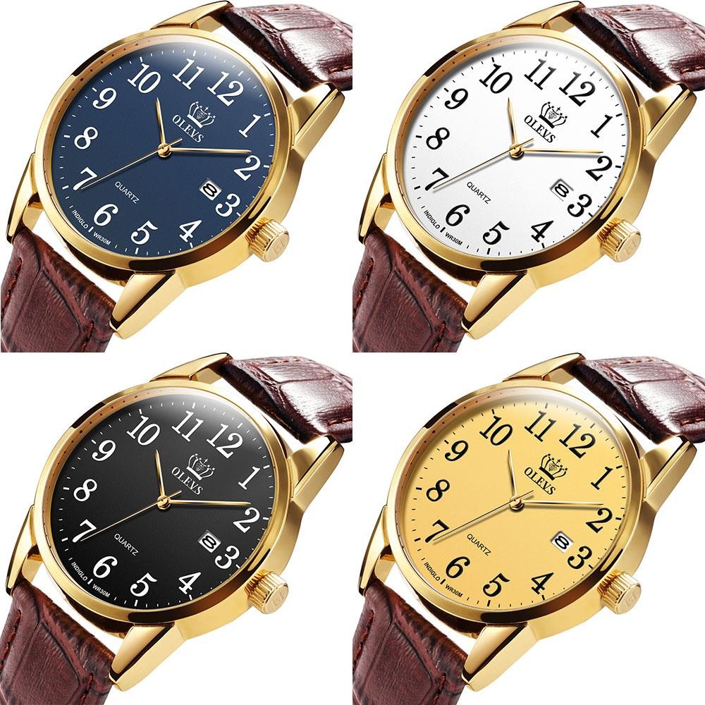 OLEVS Men's Quartz Watch Top Brand Fashion Casual Luxury Dress Genuine Brown Leather Strap Men's Watches Waterproof Wristwatch