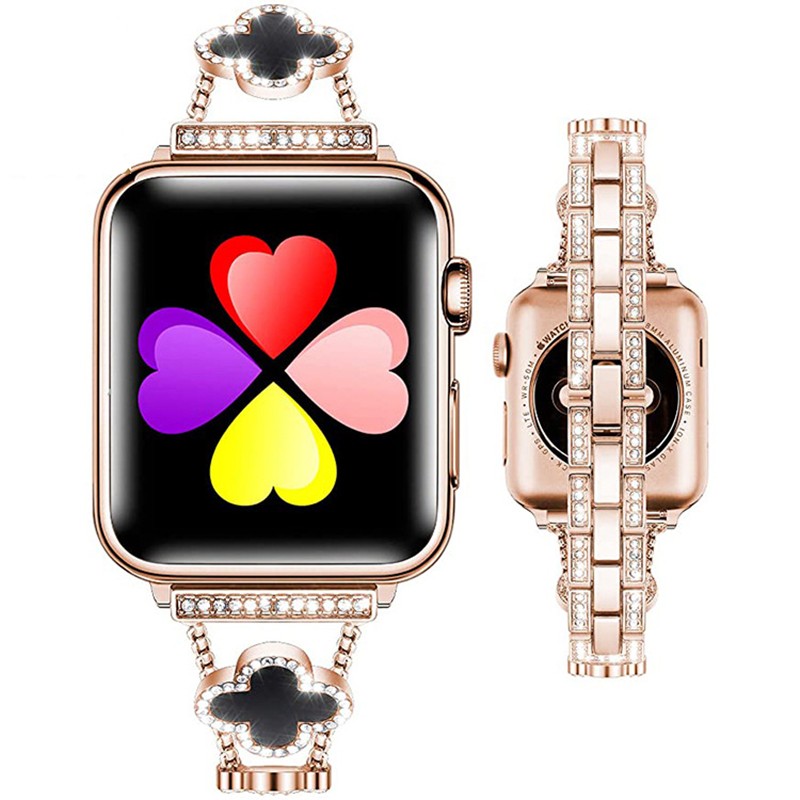 Bling Four Leaf Clover Strap for Apple Watch 7 Band 41mm 40mm 38mm Stainless Steel Bracelet IWatch SE 6 5 4 3 45mm 44mm 42mm