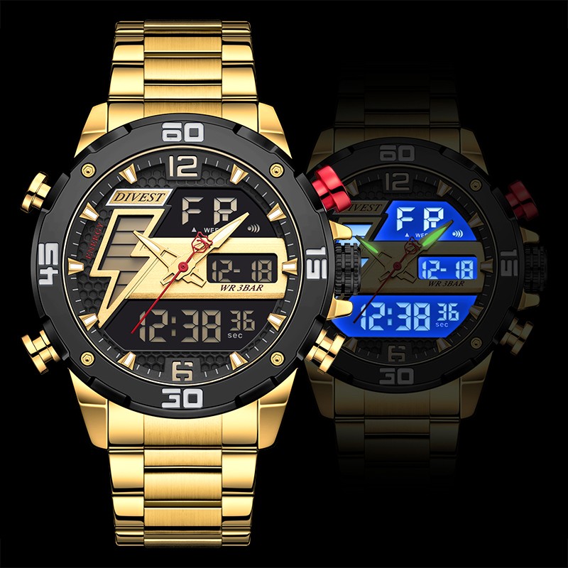 DIVEEST Authentic Gold Watch Men Luxury Brand Analog Quartz Casual Sports Watch Digital Military Chronograph Wrist Watches for Men