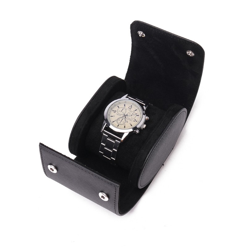 Black Real Leather Watch Roll Box Single Watch Travel Case B36D