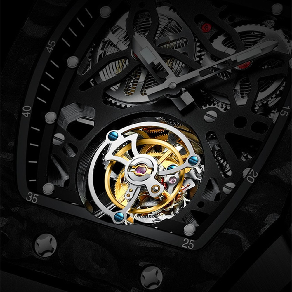 Aesop trending square flying tourbillon watch carbon fiber bezel mechanical men watches top quality red skeleton male watch