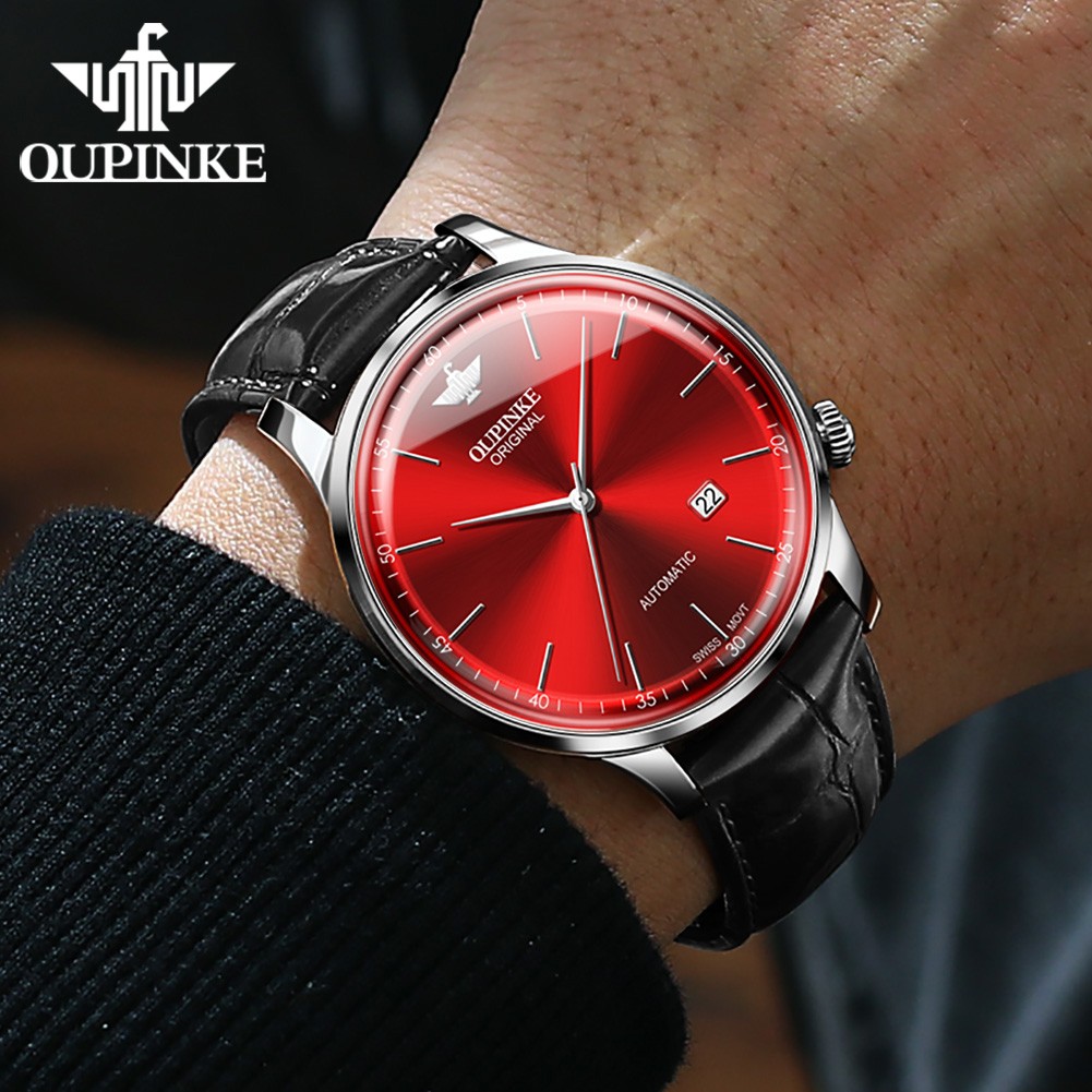 OUPINKE Swiss big brand automatic mechanical watch leather fashion luxury business casual waterproof sapphire calendar watch